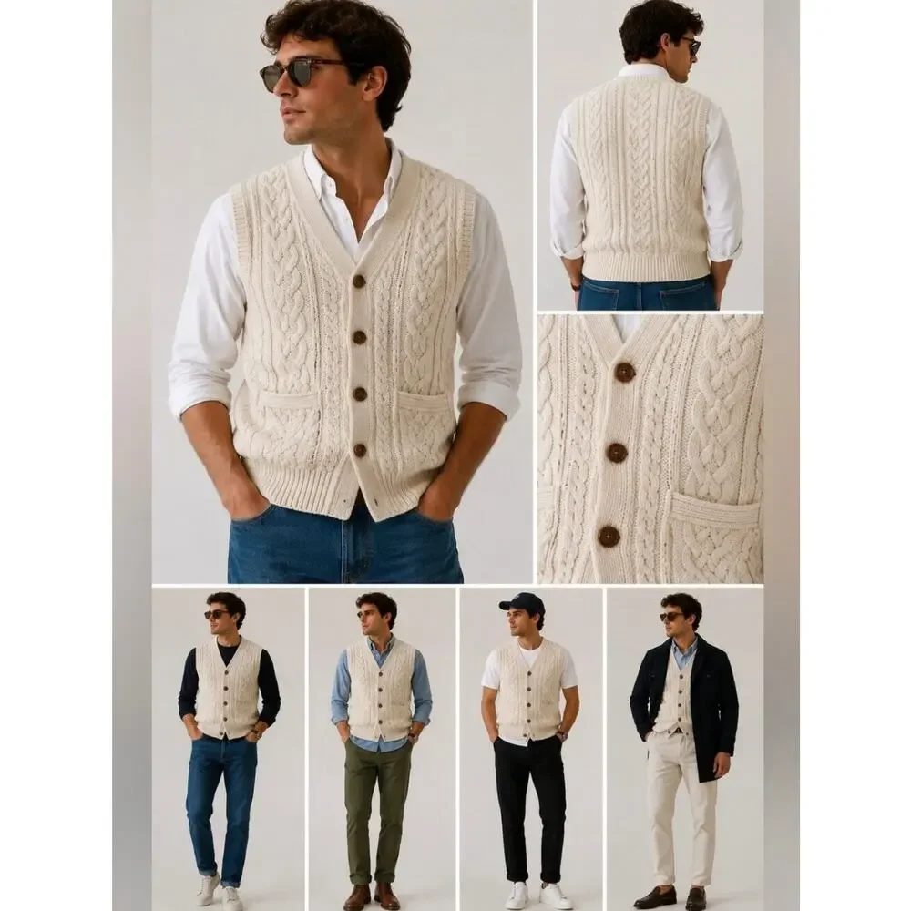 Jcrew Sweater Vest Mens Size L Blue Cable Knit Merino Wool Fisherman Preppy